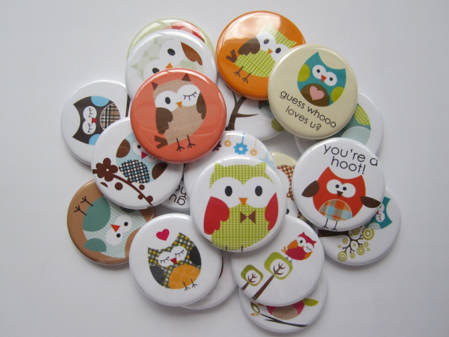 cute owl party favor button set or 20 you choose 1 inch 1.25 inch or 1.5 inch pin flat hollow or mag