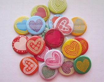 Fun colorful heart themed Lot of  20  colorful heart 1" or 1.25"  buttons pinback flatback hollowback or magnet you choose