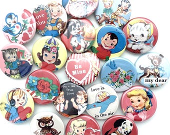 valentine vintage animal designs buttons set of 20.  You can choose 1", 1.25", 1.5 or 1.75" pin, flat, hollow or magnets back