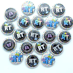 May include: A collection of 18 round buttons with various designs featuring the letters "RT" and the words "Respiratory Therapist". The buttons have a white background with colorful polka dots and different designs, including butterflies, hearts, and medical symbols.
