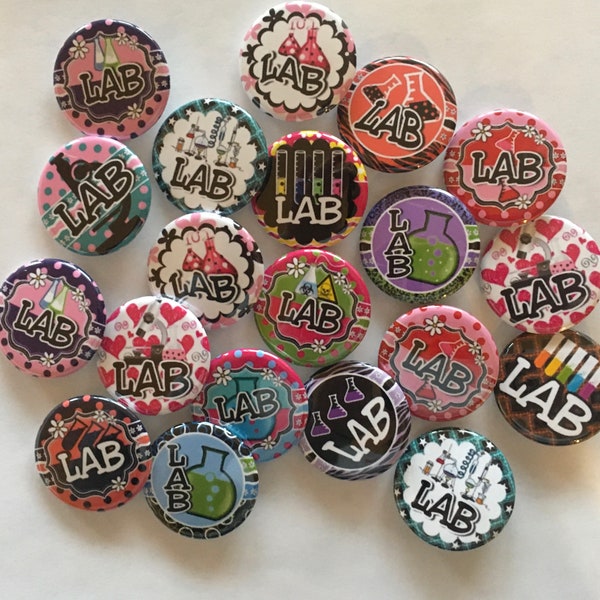 Lab tech theme set of 20 buttons.  1 inch 1.25 inch or 1.5 inch choose from pins, flat, hollow or magnets