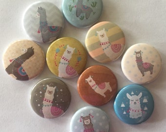 llama party favor (set of 10)  buttons.  choose 1" 1.25" or 1.5" pin, flat, hollow or magnet back