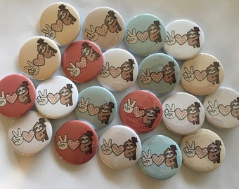 cute sloth party favor set of 20 buttons.  choose 1" 1.25" or 1.5" pin, flat, hollow or magnet back