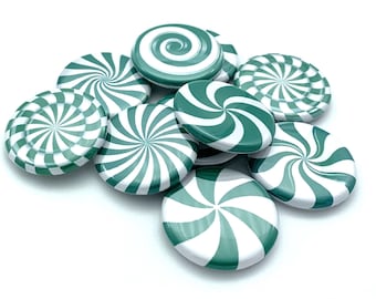 TEN green peppermint buttons. various sizes and back types. great badge reel or holiday supply