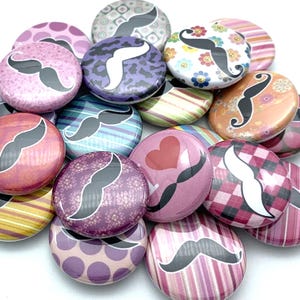 TWENTY cute mustache buttons / various sizes and backs / fun party favor / no shave November gift