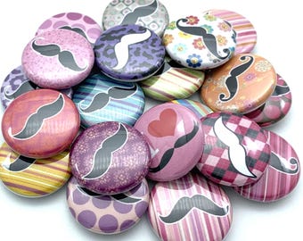 TWENTY cute mustache buttons / various sizes and backs / fun party favor / no shave November gift