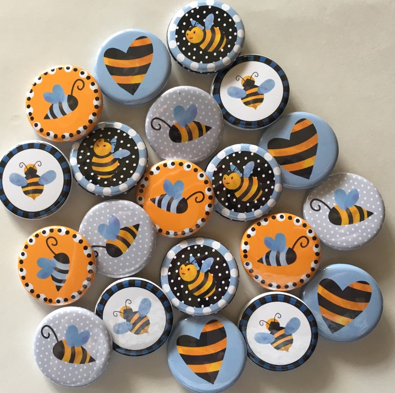 Bee themed set of 20 1 or 1.25 inch bumble bee buttons pin flat back hollowback or magnets