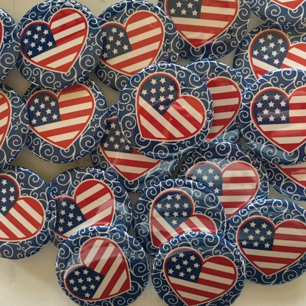 america patriotic set of 20 buttons.  choose 1", 1.25" 1.5" or 2.25" pin, flat, hollow or magnet