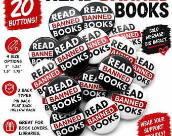 read banned books pins (20 pack)  various sizes and back types / great book lover or librarian gift / banned book week