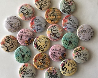 music themed buttons set of 20 1", 1.25" 1.5" or 2.25" inch buttons pin, flat, hollow or magnet back