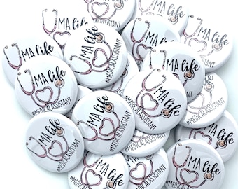 medical assistant MA themed set of 20 buttons / various sizes and backs / great coworker gift or badge reel supply / lanyard or lapel pin