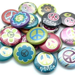 Peace sign buttons / set of TWENTY / various sizes and backs / great party favor or coworker gift