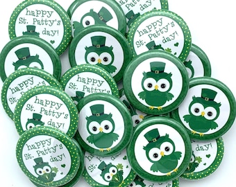 Irish Owl St. Patty's day themed buttons/ TWENTY PACK / various sizes and backs / great party favor / Wear green/ coworker gift