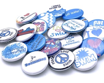 Swim team  swimmer themed (20 pack) 1" or 1.25 inch buttons pin flat back, hollowback or magnets great gift