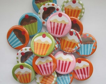 set of 20 1",  1.25, 1.5, or 2.25 inch cupcake buttons pinback flatback or hollowback