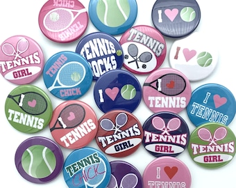 TWENTY Tennis themed buttons / various sizes and backs available / great teammate gift