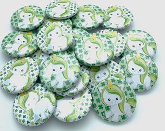 St. Patrick's day Unicorn buttons / Lot of 20 total / various sizes and backs / great party favor / Wear green/ coworker gift