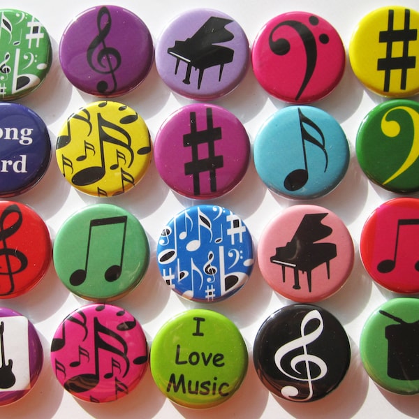 Music note buttons (set of 20)  piano or guitar student prize or gift idea choose  from 1", 1.25".1.5" or 2.25" pin, flat, hollow or magnet