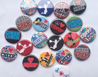 cheer and cheerleader themed set of 20 1" or 1.25 inch buttons pin flat back, hollowback or magnets