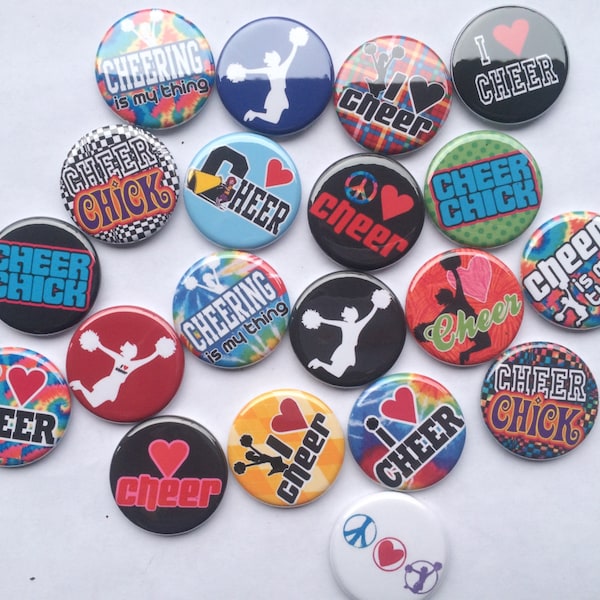 cheer and cheerleader themed set of 20 1" or 1.25 inch buttons pin flat back, hollowback or magnets