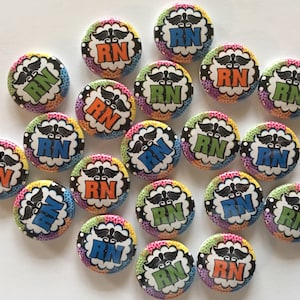 RN themed nursing and nurse theme set of 20 buttons.  1" or 1.25" choose from pins, flat, hollow or magnets