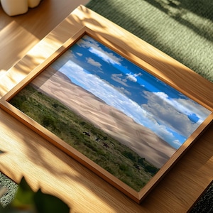 Framed Landscape Photography Art | Great Sand Dunes, Horses, and a Bright Colorado Sky | Fine Art Photography