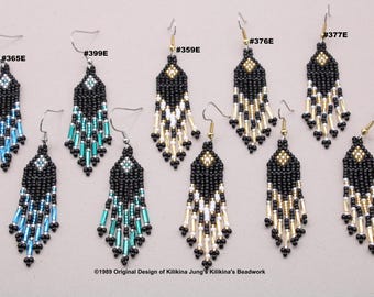 May include: Ten pairs of beaded earrings in various colors, including black, white, gold, blue, and green. The earrings are all long and dangle, with a diamond-shaped top and a fringe of beads. The earrings are labeled with numbers, such as #365E, #399E, #359E, #376E, and #377E.