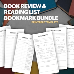 書評と読書リストのブックマーク テンプレート | A4 および US レター サイズの書籍と図書館カードの PDF ファイル、即時デジタル ダウンロード!