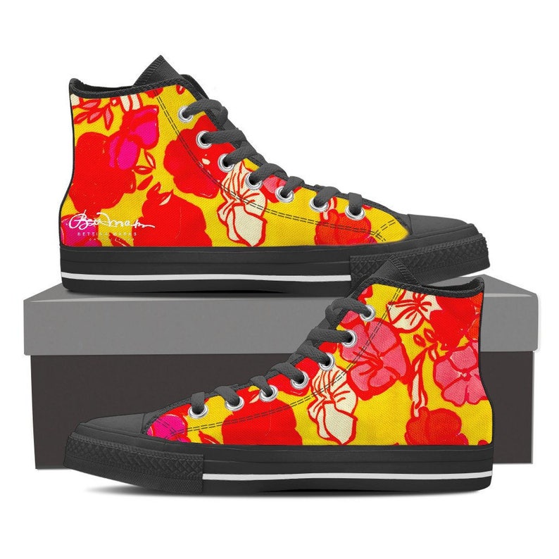 Sixties Floral Men/'s Black and White High Top Canvas Sneakers