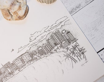 Original Ink Drawing of Honolulu, Oahu Hawaii