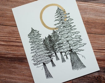Redwoods at Full Moon - Pen and Ink with Metallic Gold Accent - Original