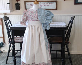 Cream Rose Pioneer Dress, Bonnet, and Apron Size 6/7 Ready to Ship