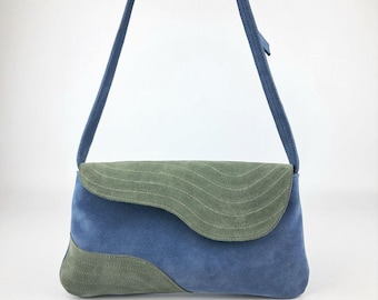 90s Italian Suede Leather Handbag Purse Buckle Shoulder Bag Clutch 