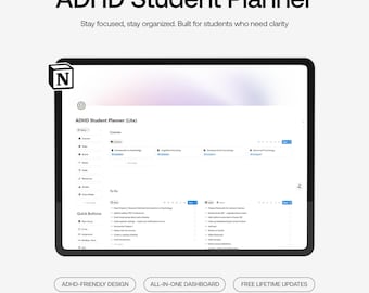 Planificador académico para TDAH/Plantilla de panel de Notion con temporizador de concentración y seguimiento de tareas