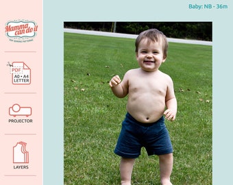 Easy Baby Shorts PDF Sewing Pattern | Baby Size nb - 36m | Projector, A0, A4, 8.5x11 | INSTANT DOWNLOAD