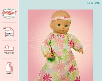 Baby Doll Dress PDF Sewing Pattern | 13-17" Doll | 8.5X11, A4, A0, Projector | INSTANT DOWNLOAD