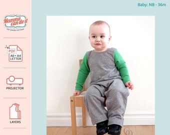 Baby Jumpsuit PDF Sewing Pattern | Sizes: Newborn - 36m | Projector, A0, A4, 8.5x11 | INSTANT DOWNLOAD