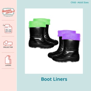 May include: Two pairs of black rubber boots with fleece liners. One pair has a green liner and the other pair has a purple liner. The boots are for children and adults. The text "Boot Liners" is below the image.
