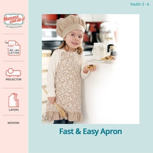 Può includere: Un bambino indossa un grembiule marrone e bianco a pois con un cappello da cuoco abbinato. Il grembiule ha un volant sul fondo e il bambino tiene un cucchiaio di legno. Il testo "Fast & Easy Apron" è in fondo all'immagine.
