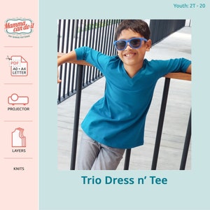 Trio Dress n&#39; Tee Sewing Pattern | Youth Sizes 2T-20 | Projector, A0, A4, 8.5x11 PDF Sewing Pattern | INSTANT DOWNLOAD