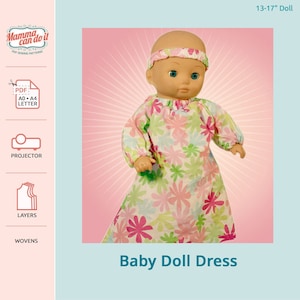 Baby Doll Dress PDF Sewing Pattern | 13-17&quot; Doll | 8.5X11, A4, A0, Projector | INSTANT DOWNLOAD