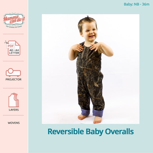 Reversible Baby Overalls PDF Sewing Pattern | Sizes: Newborn - 36m | Projector, A0, A4, 8.5x11 | INSTANT DOWNLOAD