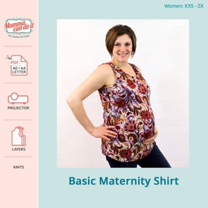 May include: A woman wearing a sleeveless maternity top with a floral print. The top is available in sizes XXS to 2X. The text "Basic Maternity Shirt" is printed below the image.