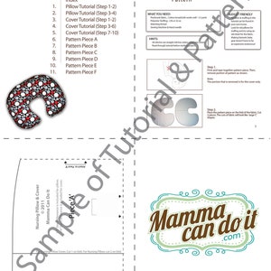 May include: A printed pattern for a nursing pillow and cover, featuring a detailed index, tutorial steps, and pattern pieces. The design includes a sample of the pillow cover and a logo that says "Mamma can do it".