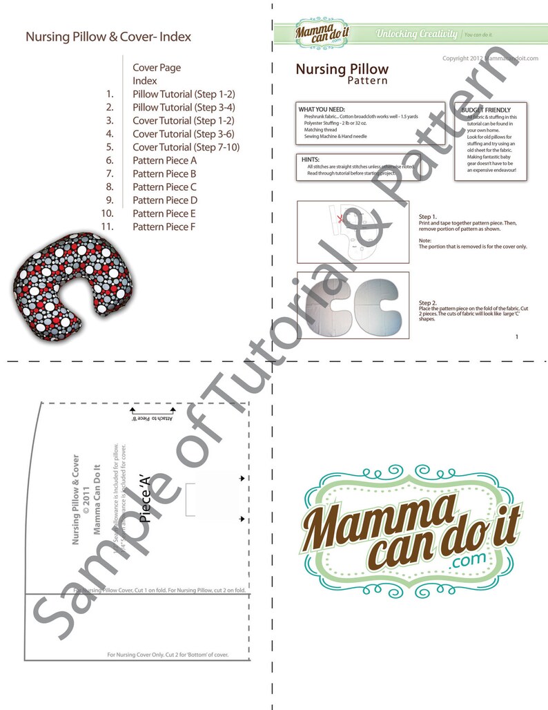 May include: A printed pattern for a nursing pillow and cover, featuring a detailed index, tutorial steps, and pattern pieces. The design includes a sample of the pillow cover and a logo that says "Mamma can do it".