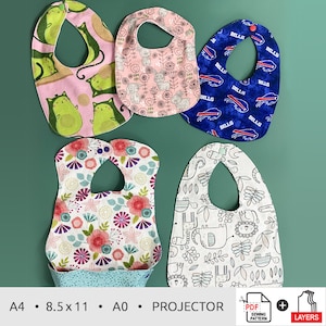 Molde de Costura em PDF para Projetor de Babador | A0, A4, 8,5x11, Projetor | 5 estilos para bebê - DOWNLOAD INSTANTÂNEO