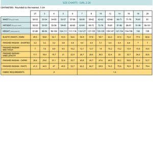 May include: Size chart for girls' clothing in centimeters, ranging from 2T to 20. The chart includes measurements for waist, hip/seat, height, elastic waist, finished inseam for shorts, finished inseam for mid-thigh, finished inseam for knee length, finished inseam for capris, and finished inseam for pants.