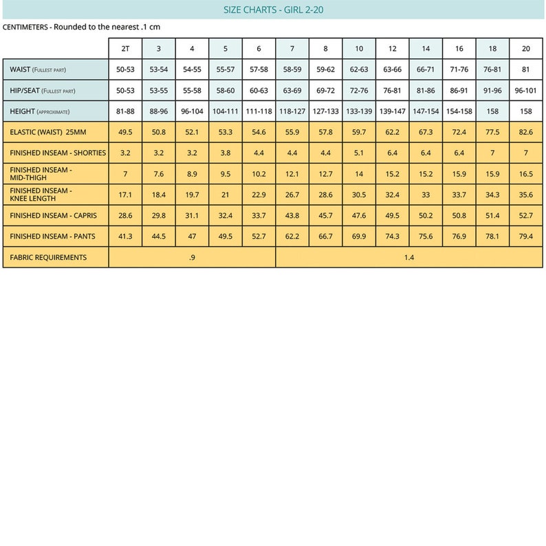 May include: Size chart for girls' clothing in centimeters, ranging from 2T to 20. The chart includes measurements for waist, hip/seat, height, elastic waist, finished inseam for shorts, finished inseam for mid-thigh, finished inseam for knee length, finished inseam for capris, and finished inseam for pants.