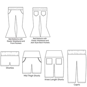 May include: Line drawing illustrations of different styles of pants and shorts. The styles include bell bottoms, capris, knee-length shorts, mid-thigh shorts, and shorties. Each style has a different waistband and pocket configuration.