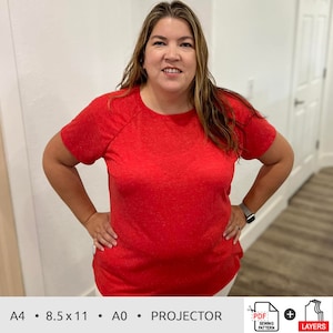May include: A woman wearing a red short-sleeved t-shirt with a round neckline. The t-shirt has a speckled texture. The text "A4 • 8.5 x 11 • A0 • PROJECTOR" is at the bottom of the image. The text "PDF: SEWING PATTERN" and "LAYERS" is also visible.